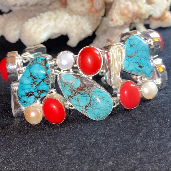 Gorgeous Tibetan Turquoise + Italian Red Coral + Biwa Pearl statement cuff - Picture 8 of 14